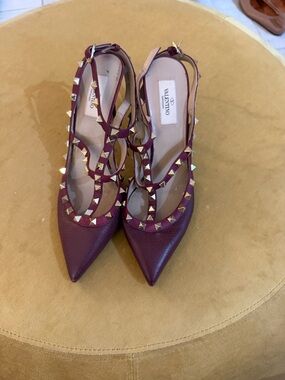 Valentino Burgundy Leather Rockstud Pointed Slingbacks